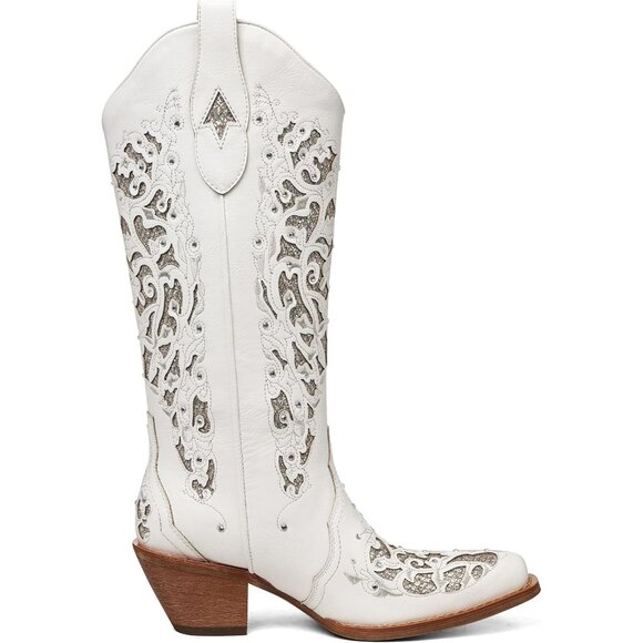 Women White Pointed Toe Pull On Rhinestones Chunky Heel Knee High Western Boots - Picture 6 of 7